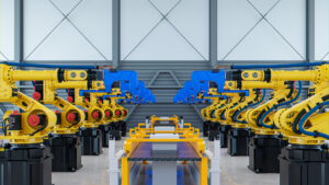 Welding robotic for automotive assembly in factory.