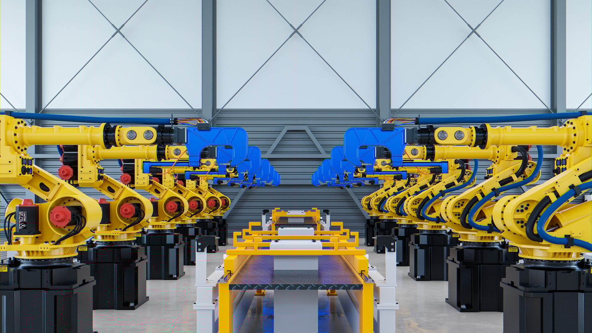 Welding robotic for automotive assembly in factory.